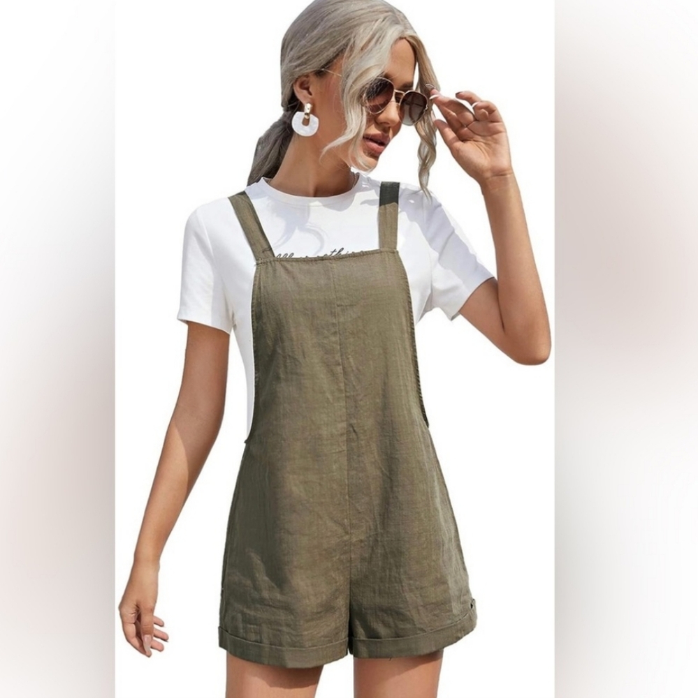 Shein Olive Green Linen Overalls Romper XL NWT